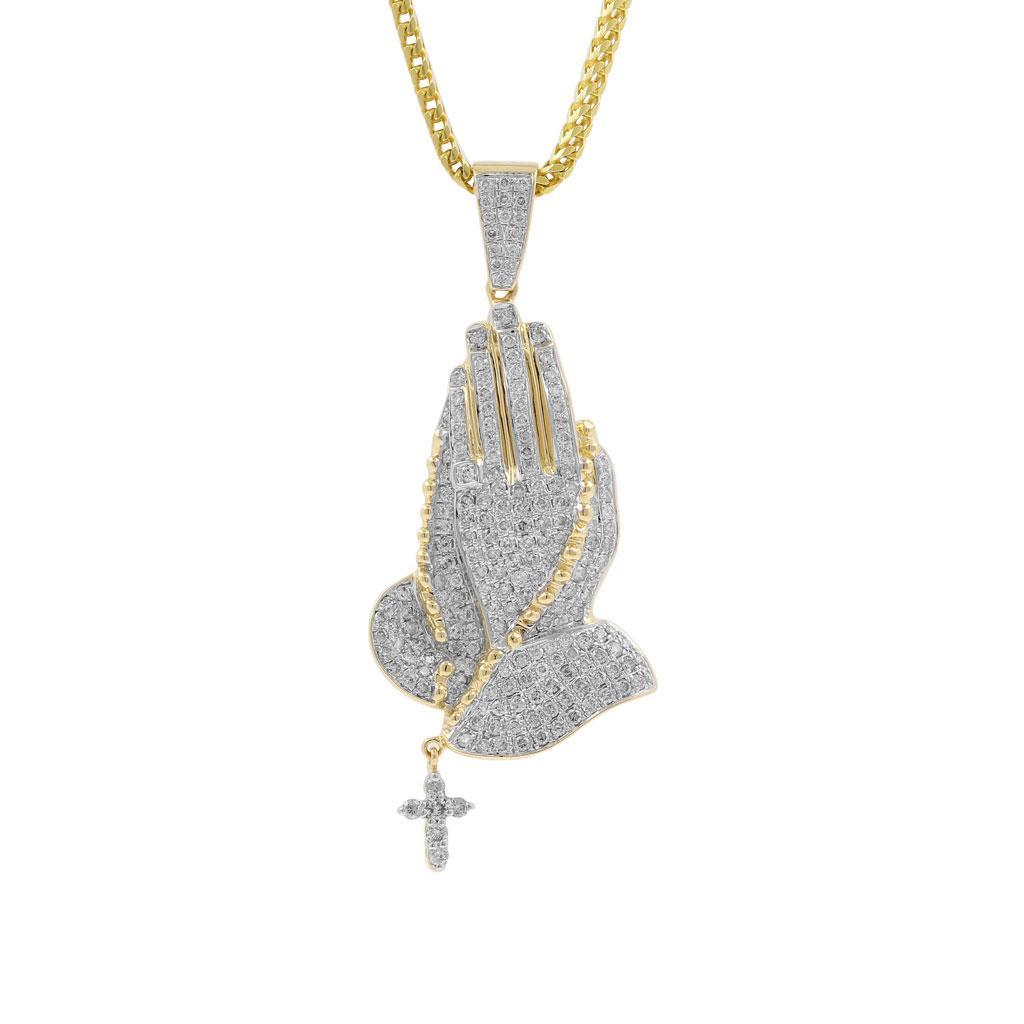 PRAYER HANDS DANGLING CROSS ICED OUT MOISSANITE DIAMOND CUSTOM HIP HOP PENDANT