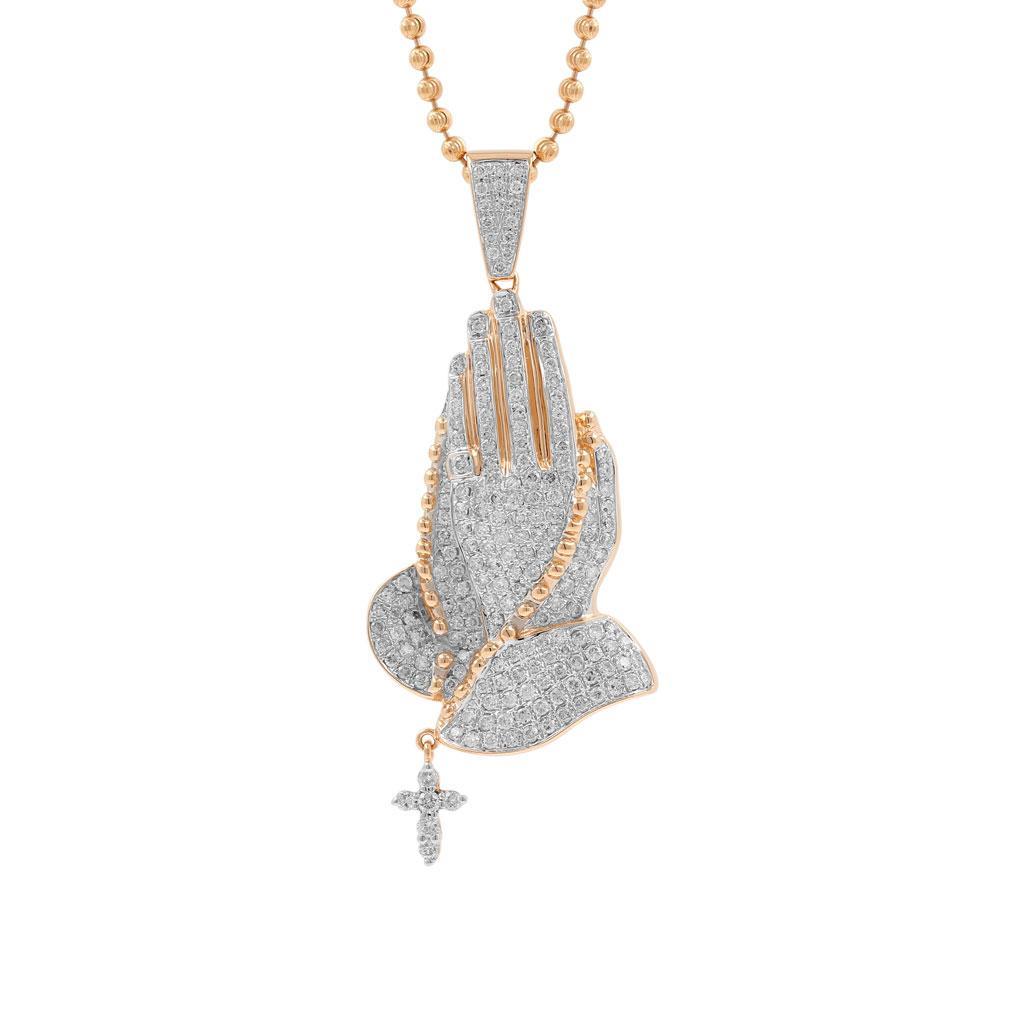 PRAYER HANDS DANGLING CROSS ICED OUT MOISSANITE DIAMOND CUSTOM HIP HOP PENDANT