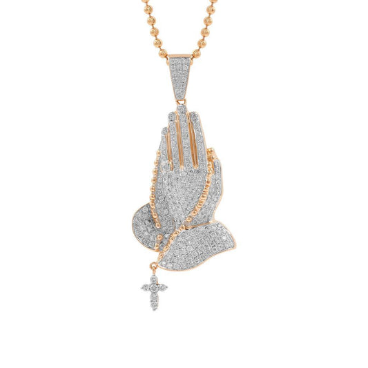 PRAYER HANDS DANGLING CROSS ICED OUT MOISSANITE DIAMOND CUSTOM HIP HOP PENDANT