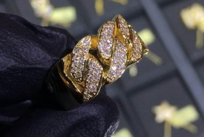 HIP HOP CUBAN CHAIN  ICED OUT REAL MOISSANITE RING GOLD PLATED