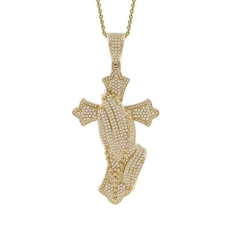 FULLY ICED VVS MOISSANITE DIAMONDS CROSS AND PRAYER HANDS HIP HOP PENDANT