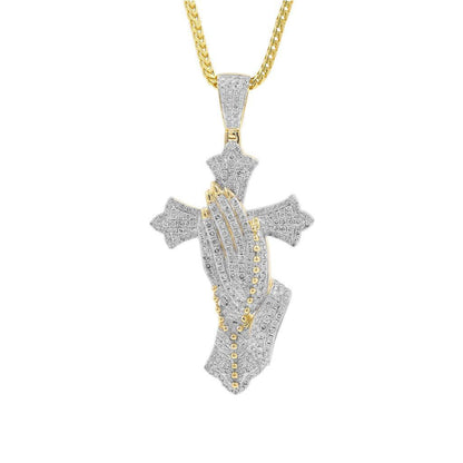 FULLY ICED VVS MOISSANITE DIAMONDS CROSS AND PRAYER HANDS HIP HOP PENDANT