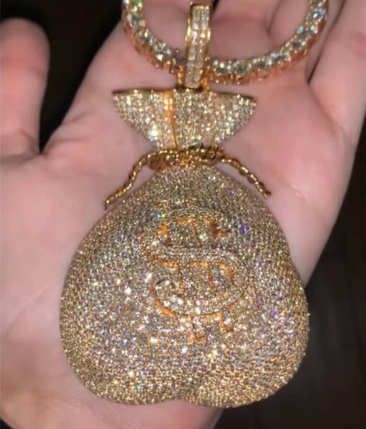 ICED OUT MONEY BAG HIP HOP MOISSANITE DIAMONDS PENDANT